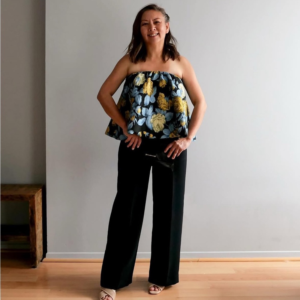 Vania Romoff Franca Top in Blue Floral Brocade, Size Medium